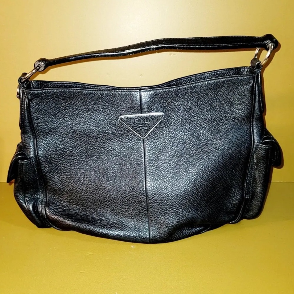 Vtg PRADA  Satchel Medium Black Leather Snap Closure